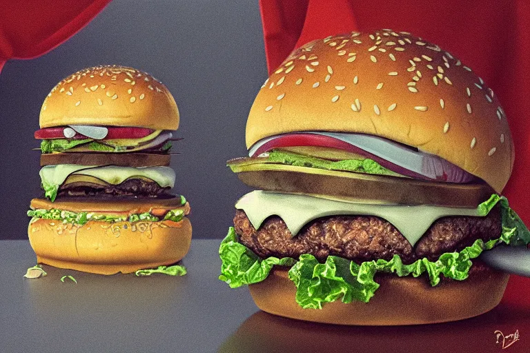 Image similar to death looking at a burger, surrealistic art, highly detailed, 4 k