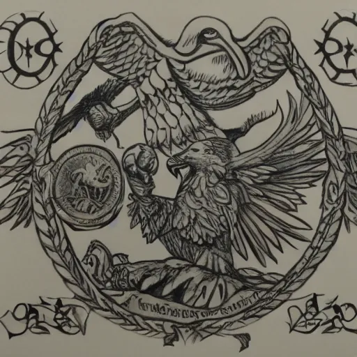 Prompt: English family cost, arms, eagle, wolf, star, line drawn