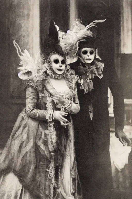 Prompt: a portrait photo of two persons dressed for the carnival of Venice, creepy, edvard munch, wide angle