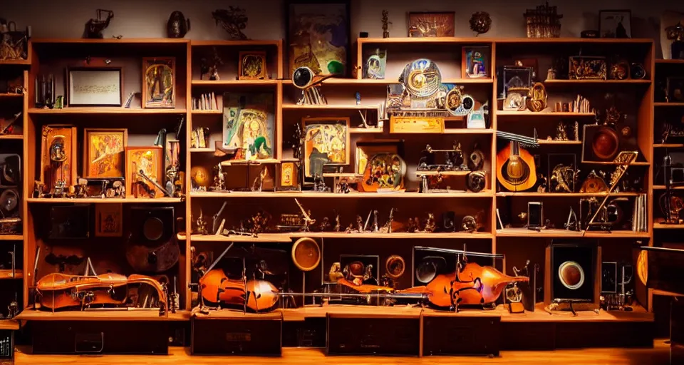Image similar to a shelf of amazing magical musical instruments, cinematic lighting, detailed, beautiful colors, by greg rutowski and studio ghibli