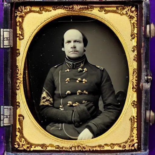 Image similar to daguerreotype of olaf scholz wearing a 1 9 th century prussian officer uniform, very detailed, very intricate,