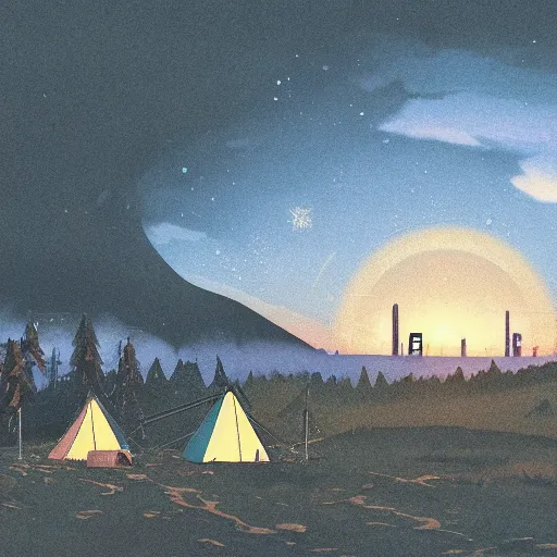 Prompt: highly detailed landscape with two boys camping with nuclear plant in the background 1 9 8 0 s science fiction, 1 9 7 0 s science fiction, cyberpunk, moody, misty, depth perception, 4 k, artstation