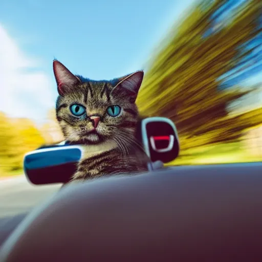 Prompt: photo of a cat driving a tiny car at very high speed, motion blur