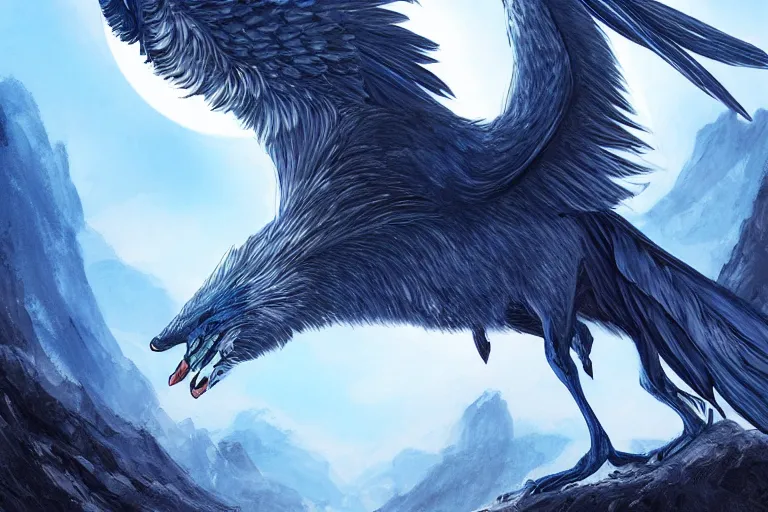 Prompt: Blue feathered wolf with wings on a beautiful fantasy landscape, hills, mountains, moonlit, HD, illustration, epic, D&D, fantasy, intricate, elegant, highly detailed, digital painting, artstation, concept art, smooth, sharp focus, illustration, art by XIAODI JIN, Anthony Devine and Yigit Koroglu