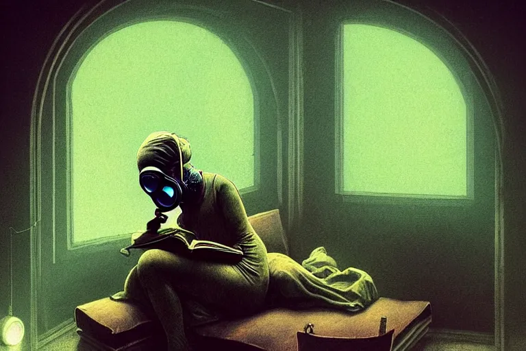 Prompt: girl with wearing a gas mask lying on the sofa reading a book in her room, in the style of beksinski, solarpunk, atmospheric, intricate and epic composition, green by caravaggio, insanely quality, highly detailed, masterpiece, blue light, artstation, 4 k, ultra clean render