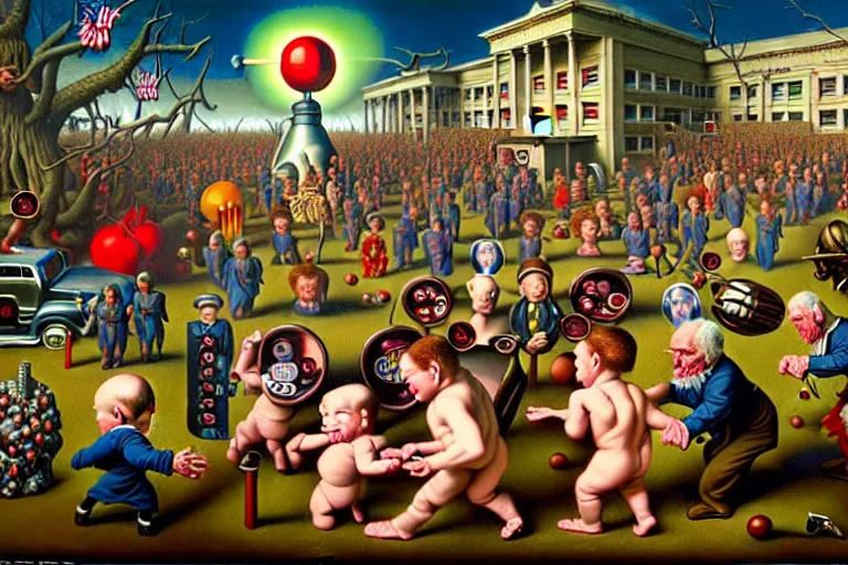 Image similar to a sparsely populated strange battle in an old hospital between old people and babies Robert Williams Mark Ryden and Alex Gross, Todd Schorr highly detailed deep perspective perfect composition