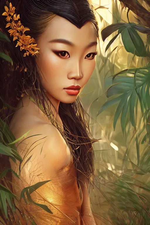 Image similar to stunningly beautiful, filipina geisha prima ballerina in jungle, symmetrical face, golden hour, smooth, focus, highly detailed, hyper realistic, dramatic lighting, elegant, intricate, concept art, art by wlop, mars ravelo, greg rutowski, artstation