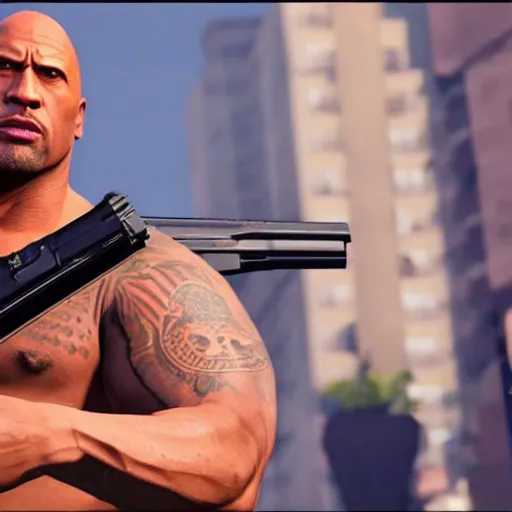 Prompt: Grand Theft Auto 5 gameplay of Dwayne Johnson holding a auto shotgun