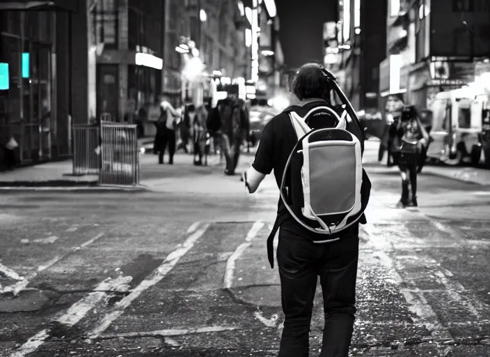 Image similar to photography of a Cat being carried in a backpack . in a new york street. award winning photo, led lighting, night, 130mm, sharp, high res