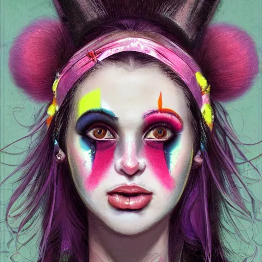 Image similar to clowncore pastel punk young female party goer wearing stylish headband. detailed, portrait, 8 k, artwork by jean - baptiste monge