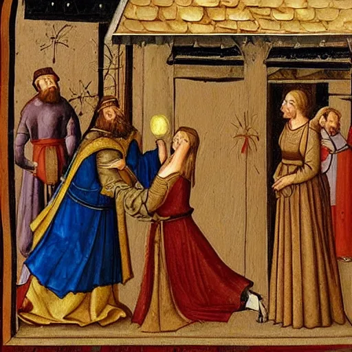 Image similar to a realistic medieval painting of a large bearded man being knighted