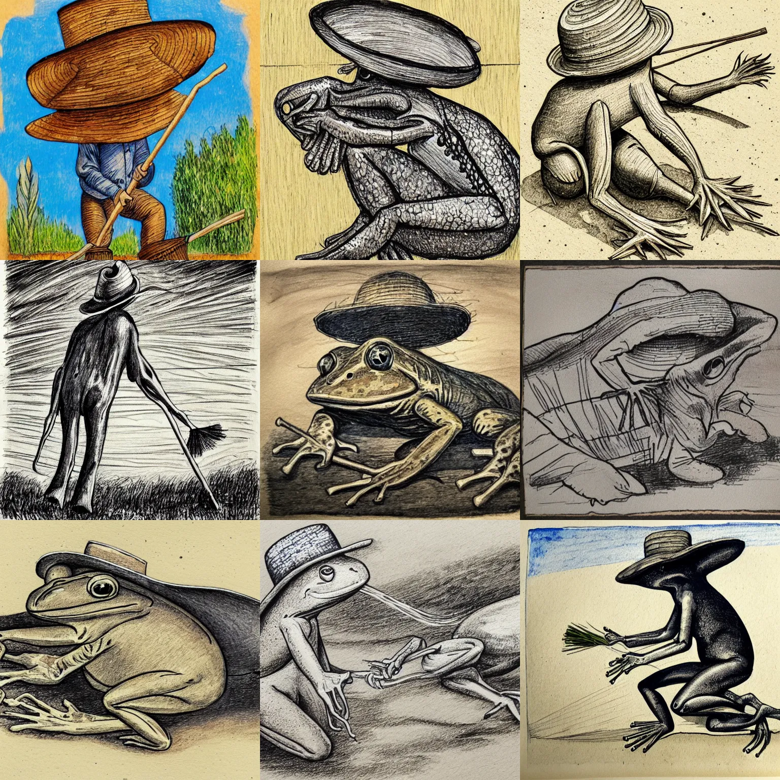 Prompt: elongated humanoid frog creature with a horse! head, wearing a straw hat and overalls, using a spade, golden hour, bucolic, expressive linework, crosshatching, grisaille, cobalt blue and ochre watercolor wash