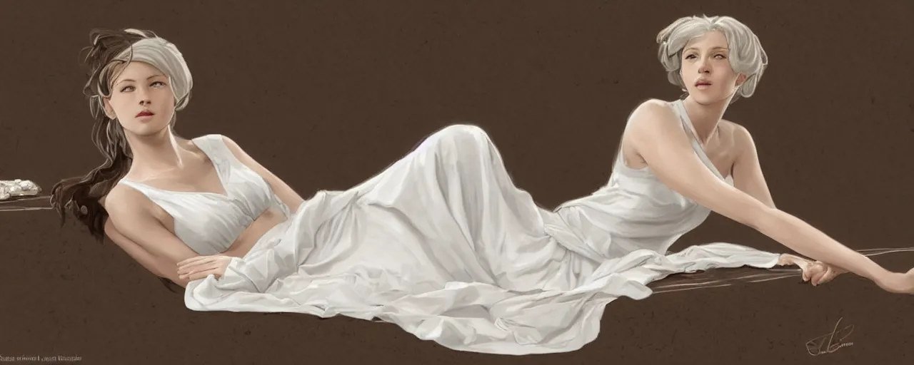 Image similar to character design, reference sheet, ancient white dress, relaxing, 15 years old female, happy, beautiful, elegant, no shoes, open v chest clothes, long dark hair, concept art, photorealistic, hyperdetailed, 3d rendering! , art by Leyendecker! and constable,