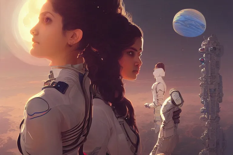 Image similar to Sensual beautiful female pale young Indian doctors wearing Deus Ex Human Revolution clothing in a space station above Earth, portrait, elegant, intricate, digital painting, artstation, concept art, smooth, sharp focus, illustration, art by artgerm and greg rutkowski and alphonse mucha