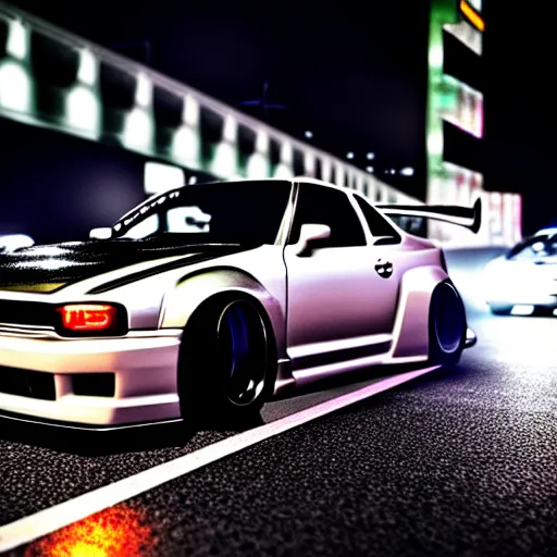 Image similar to a car GTR twin turbo drift at illegal car meet, Shibuya prefecture, city midnight mist lights, cinematic lighting, photorealistic, highly detailed wheels, high detail