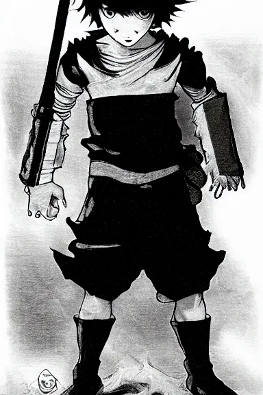 Image similar to attractive little boy wearing an ninja suit, black and white artwork made by kentaro miura