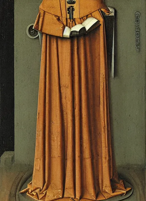 Image similar to a robot priest by Jan van Eyck
