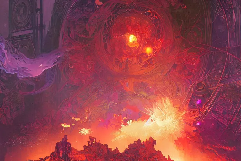 Prompt: arcs of purple flame intertwined with glowing sparks, glinting particles of ice, dramatic lighting, steampunk, bright neon, secret holographic cyphers, red flowers, solar flares, intricate art by alphonse mucha and greg rutkowski and ruan jia