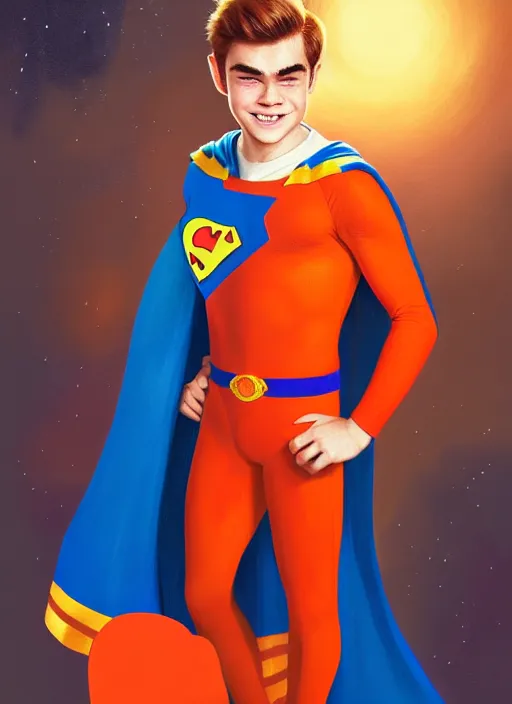 Image similar to friendly teenage archie andrews wearing an orange superhero costume with heart logo, heart, freckles, blue cape, heart emblem on chest, blue cape, intricate, elegant, glowing lights, highly detailed, digital painting, artstation, sharp focus, illustration, art by wlop, mars ravelo and greg rutkowski