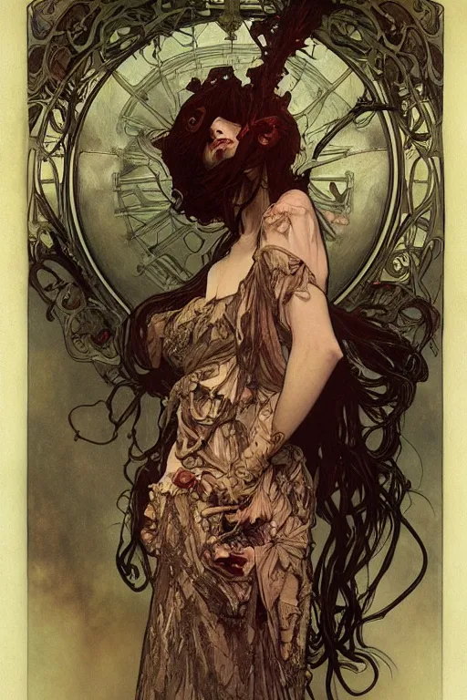 Prompt: Zombie woman, realistic detailed portrait of a Zombie by Alphonse Mucha, Ayami Kojima, Amano, Charlie Bowater, Karol Bak, Greg Hildebrandt, Jean Delville, and Mark Brooks, Art Nouveau, Neo-Gothic, gothic, rich deep moody colors, full body portrait