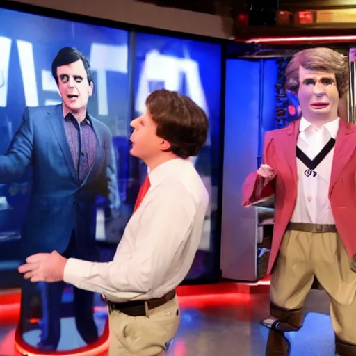 Image similar to a high quality photograph of Jimmy Dore inappropriately interacting with a blowup doll of Tucker Carlson on the set of Tucker Carlson tonight live on Fox News