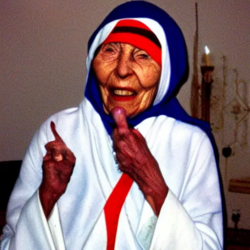 Image similar to mother theresa smoking marijuana, happy, red eyes