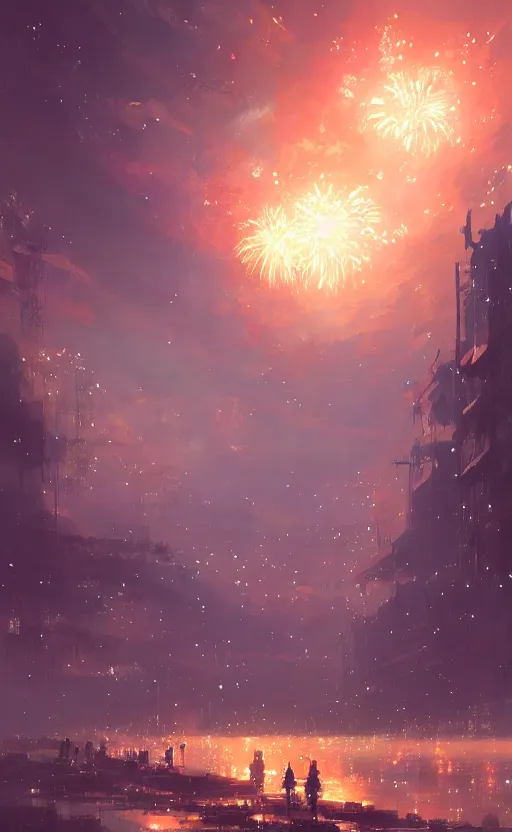 Prompt: sky of fireworks and stars by makoto shinkai, nier atutomata environment concept art, greg rutkowski and krenzcushart