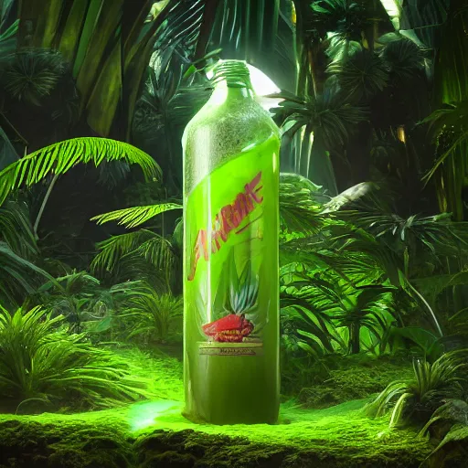 Image similar to green juice bottle in a luscious tropical grove with neon auroras, path traced, environment, highly detailed, concept art, realistic, octane render, up close shot shinji aramaki, karol bak, alphonse mucha