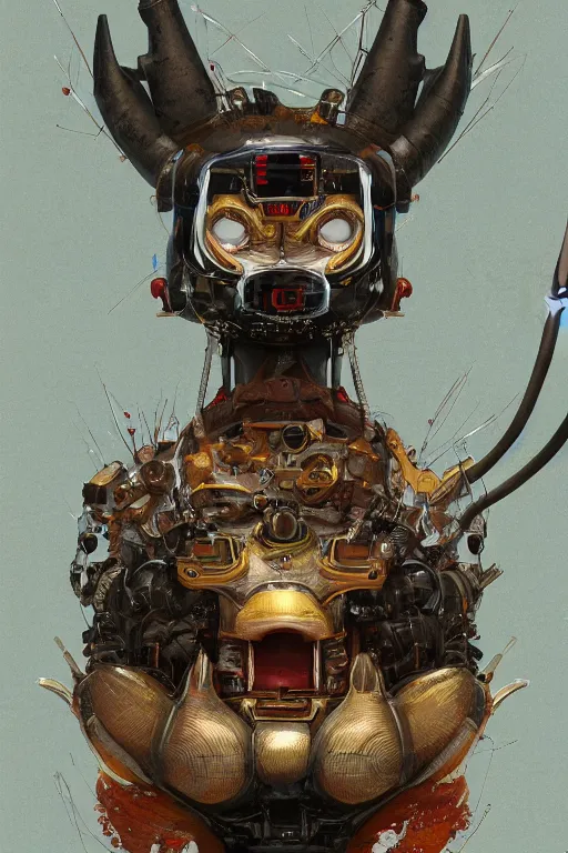 Image similar to a portrait of a robotic japanese devil animal illustrated by miyazaki by karol bak, james jean, tom bagshaw, rococo, sharp focus, trending on artstation, cinematic lighting, hyper realism, octane render, 8 k, hyper detailed, vivid, ultra detailed, highly detailed