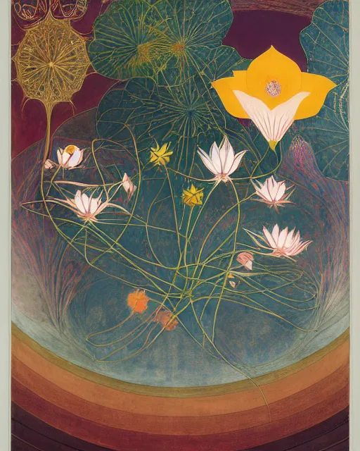 Prompt: blossoming lotus by hilma af klint, moebius, victo ngai, laurie greasly