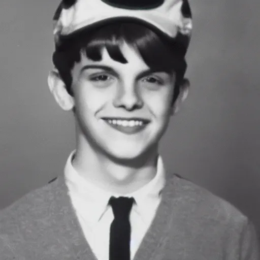 Prompt: a yearbook photo of Jughead Jones in 1966, he is wearing a whoopee cap