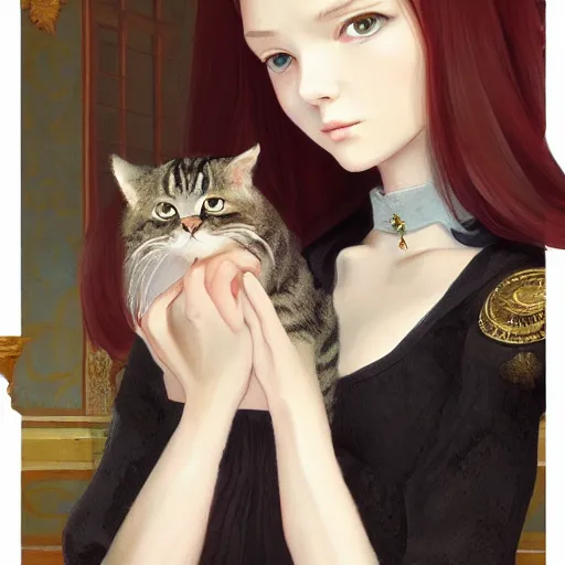 Image similar to portrait of a russian princess in her castle holding a cat in her hand, in the style of ilya kuvshinov and miho hirano, artstation, high quality art, super detail