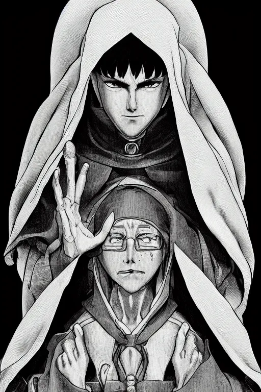 Prompt: portrait of Daniel Trejo as church nun, intricate, highly detailed, artstation, manga illustration by Kentaro Miura berserk