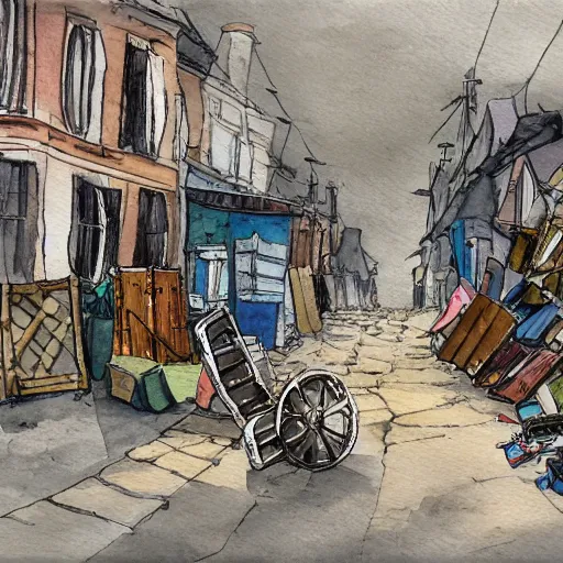 Prompt: a les miserables style barricade made of tables, chairs, wheels, and other assorted junk in the middle of a road with houses and shops on both sides, watercolor painting