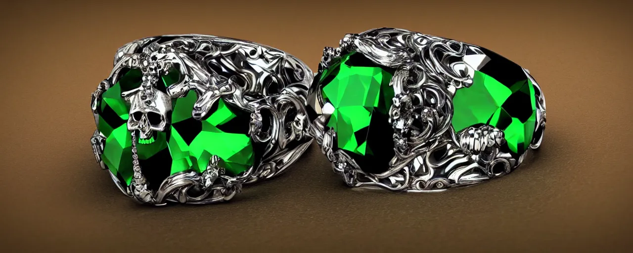 Image similar to simple magic crystal ring of poison, radiant cut, skull, skulls, green, black, purple. smooth shank, setting, prongs, crystal, engravings, diamonds, product design, jewelry, gold, silver, colorful, art by gerald brom, greg rutkowski and artgerm, photo realism, unreal engine, c 4 d