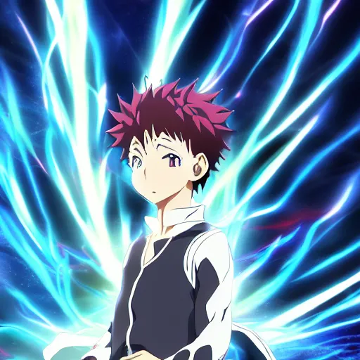 Prompt: Anime key visual of a young boy with thunder powers