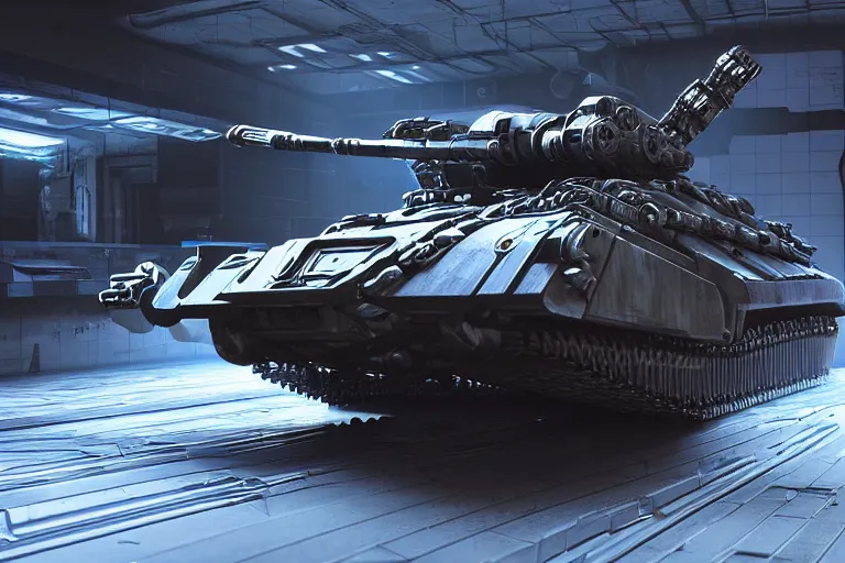 Image similar to cyberpunk alien concept inspired battlefield tank, futuristic look, highly detailed body, very powerful, photorealistic camera shot, bright studio setting, studio lighting, crisp quality and light reflections, unreal engine 5 quality render