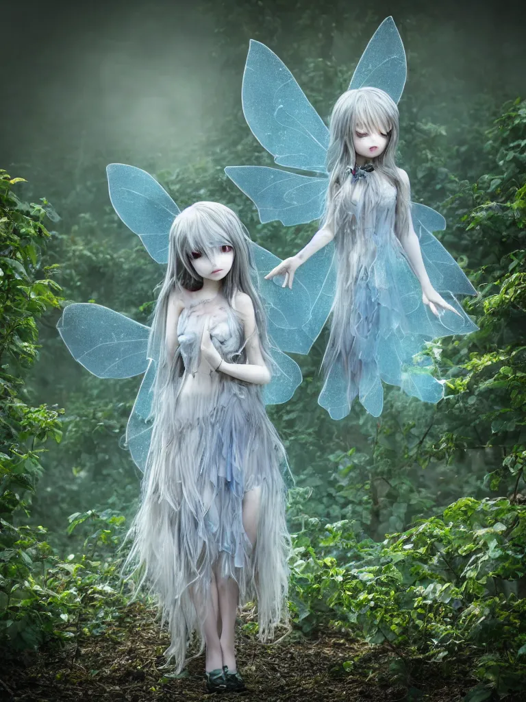 Prompt: cute fumo plush girl among vines in the middle of a foggy rose garden under a blue sky, beautiful glowing ethereal gothic magical wraith fairy girl with dark eyes, tattered dress, bokeh, vray