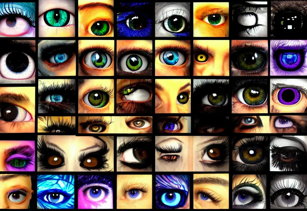 Image similar to grid montage of cube shaped eyes, square shaped black dilated pupils, cube shaped irises, detailed colored textures, eyelashes, advanced art, art styles mix, from wikipedia, wet reflections in square eyes, sunshine light, hd macro photograph, from side, various eyelid positions, square black pupil centered