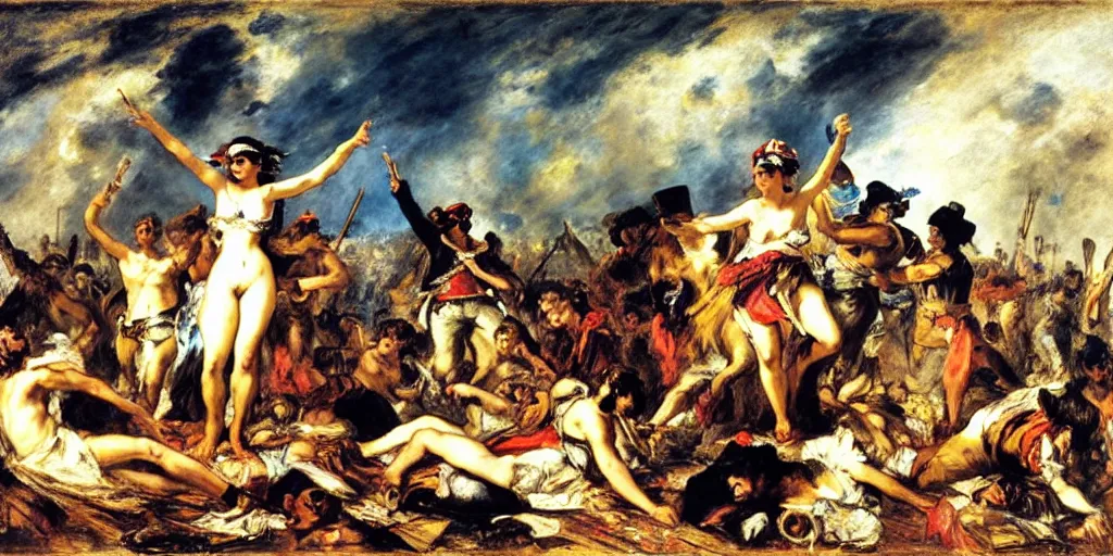 Prompt: eugene delacroix's Liberty Leading The People with rave, music festival and night clubbing characters