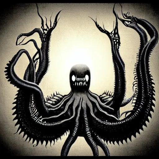 Prompt: void nightmare creature with many teeth many eyes long black body with many tentacles lashing out to grab victims, dark background, harsh lighting, scary, h. r. giger