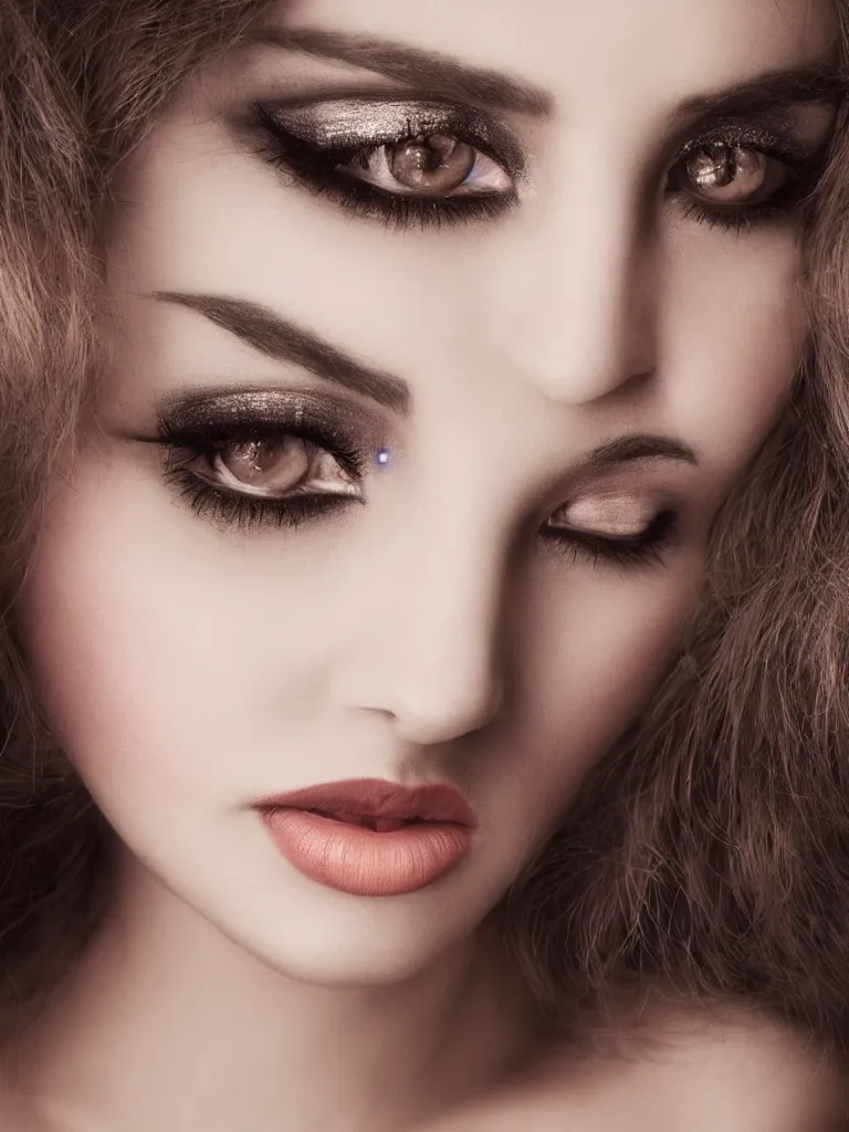 Prompt: Detailed closeup vintage photo of female model with beautiful eyes and makeup, studio lighting, portrait