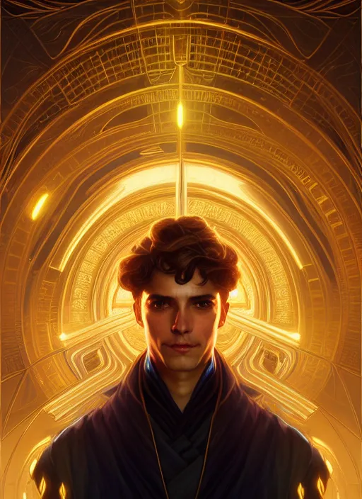 Image similar to symmetry!! portrait of male wizard, high fantasy, golden ratio, glowing lights!! intricate, elegant, highly detailed, digital painting, artstation, concept art, smooth, sharp focus, illustration, art by artgerm and greg rutkowski and alphonse mucha, 4 k