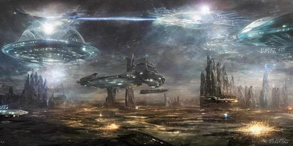 Image similar to future forest city attacked by spaceship, star trek, concept art, ice mist, glory war,