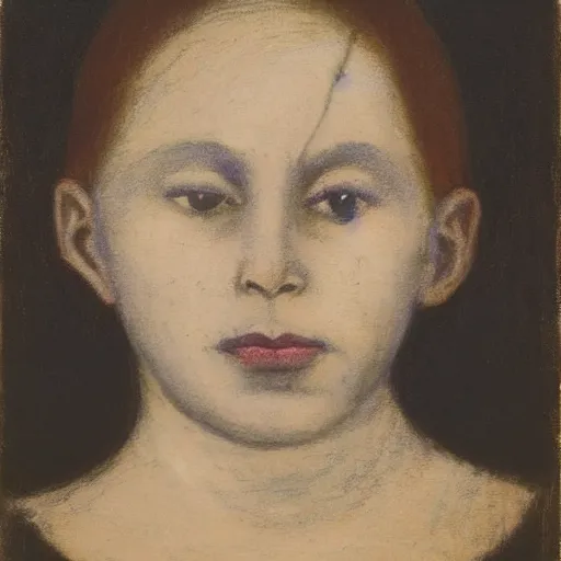 Image similar to violet, family guy by albert pinkham ryder. a beautiful land art. she looks up at me, up & down. she has short - cropped hair, & a scar on her left cheekbone : just a line of black against her deep tan, precise & geometrical. her eyes are pale green.