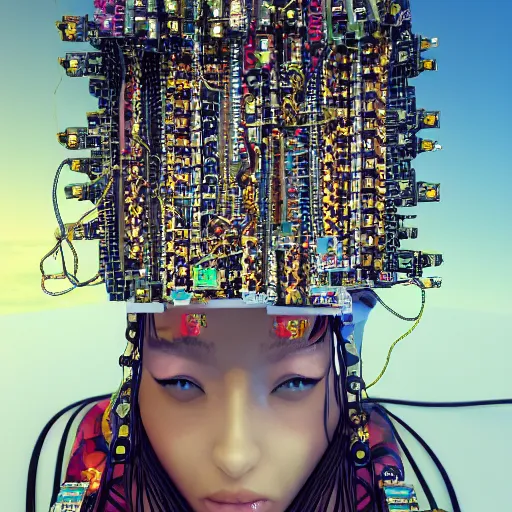 Prompt: give me a higher love, piles of modular synth cables, kawaii puerto rican goddess swimming up wearing a headpiece made of circuit boards, by cameron gray, wlop, stanley kubrick, masamune, hideki anno, jamie hewlett, unique perspective, trending on artstation, 3 d render, vivid