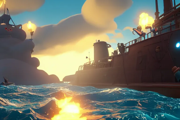 Image similar to gameplay screenshot of a submarine!!! in Sea of Thieves!!!, Unreal Engine