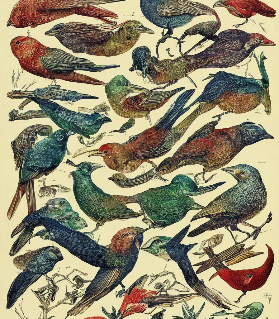 Image similar to brilliant alien birds color scientific illustration by Ernst Haekel, color illustration with orthographic views