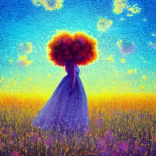 Image similar to large flower afro, full body, girl standing in the middle of a field with flowers, surreal photography, hills, sunrise dramatic light, impressionist painting, colorful clouds, digital painting, pointillism, artstation, simon stalenhag