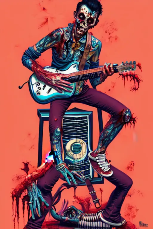 Prompt: a zombie punk playing guitar, tristan eaton, victo ngai, artgerm, rhads, ross draws